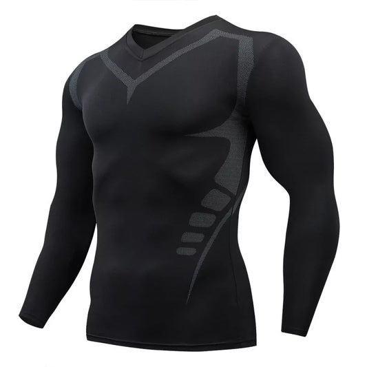 Men's compression fit running shirt for sports and fitness. This breathable, moisture-wicking shirt provides a close, supportive feel for optimal performance during running and other athletic activities.