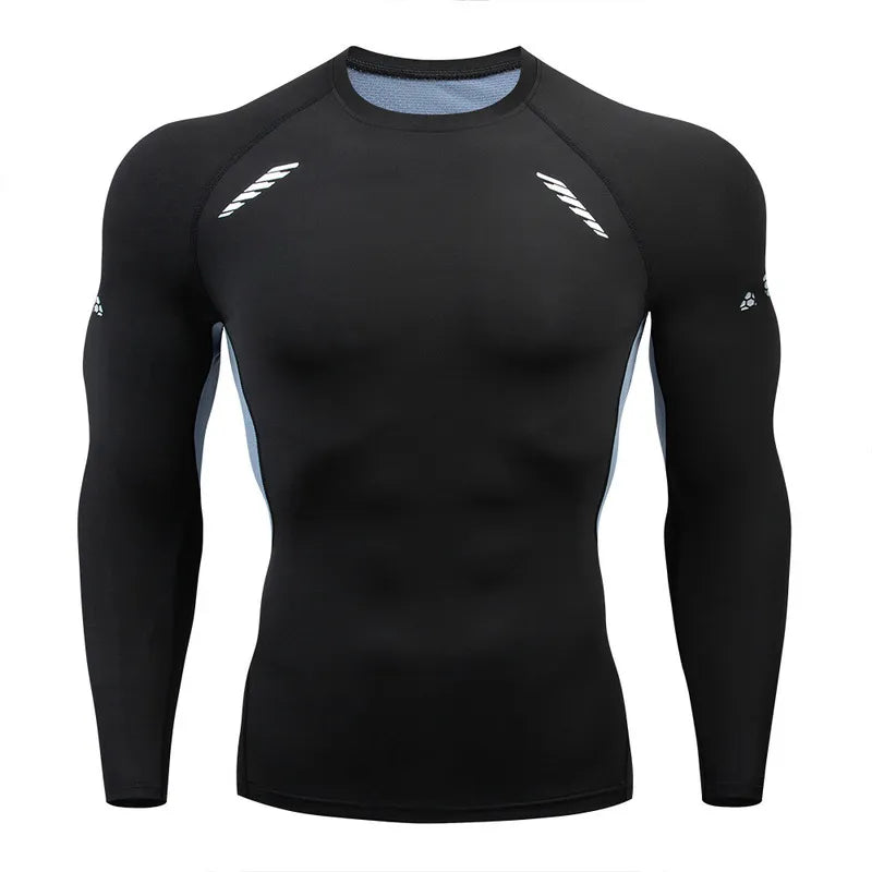 Men's compression fit running shirt for sports and fitness. This breathable, moisture-wicking shirt provides a close, supportive feel for optimal performance during running and other athletic activities.