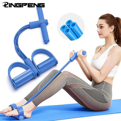 Six-tube elastic resistance band set with handles, foot pedals, and attachments for a full-body workout. This versatile exercise equipment can be used for yoga poses, upper body exercises, core strengthening, and leg stretches.