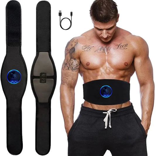 Black electronic muscle stimulation (EMS) belt with adjustable straps. This belt uses electrical pulses to stimulate abdominal muscles, potentially aiding toning, but should not be solely relied upon for weight loss. It may also offer massaging functional