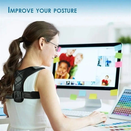 Adjustable back and shoulder posture corrector belt. This brace helps improve posture by gently pulling your shoulders back and aligning your spine. It may also offer pain relief and support for the lower back.