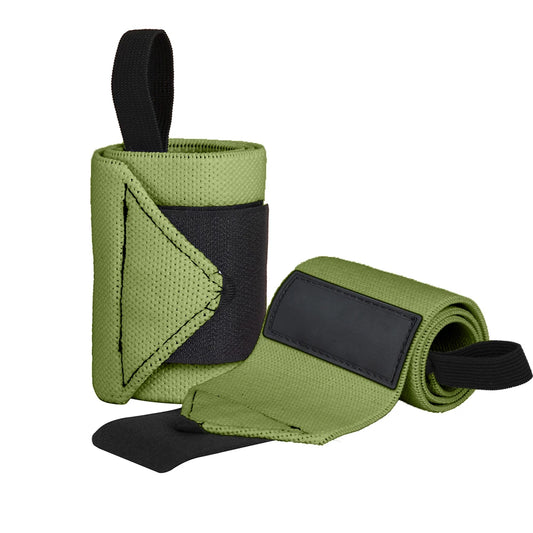 Adjustable wrist wraps with padded thumb loops for cross-training exercises. These wraps provide wrist support and stability during workouts, helping to prevent injury.