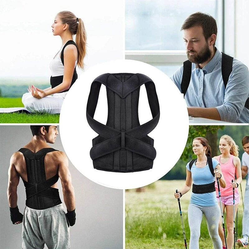 Adjustable back posture corrector brace. This brace targets the lumbar spine (lower back) to improve posture by gently pulling your shoulders back and aligning your spine. It may also provide lower back pain relief and support.