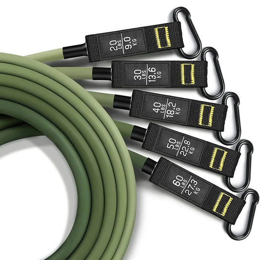 Set of resistance bands for exercise. These elastic bands come in various resistance levels (indicated by color-coding) for a full-body workout. Ideal for strength training, yoga, Pilates, and physical therapy.