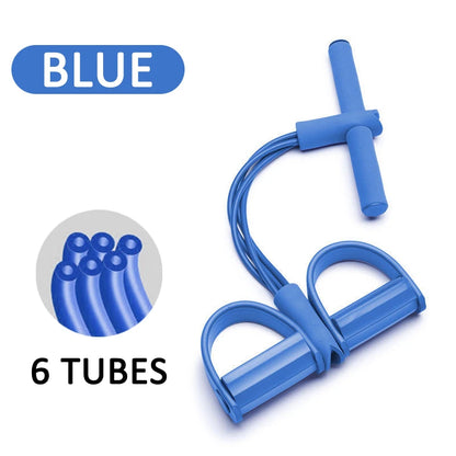 Six-tube elastic resistance band set with handles, foot pedals, and attachments for a full-body workout. This versatile exercise equipment can be used for yoga poses, upper body exercises, core strengthening, and leg stretches.