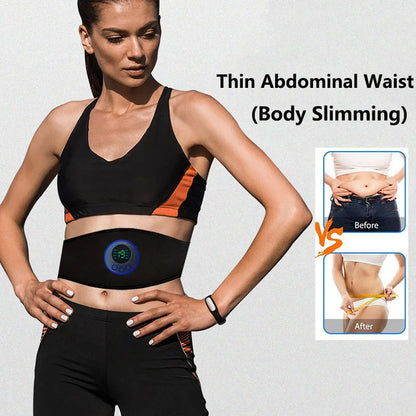 Black electronic muscle stimulation (EMS) belt with adjustable straps. This belt uses electrical pulses to stimulate abdominal muscles, potentially aiding toning, but should not be solely relied upon for weight loss. It may also offer massaging functional